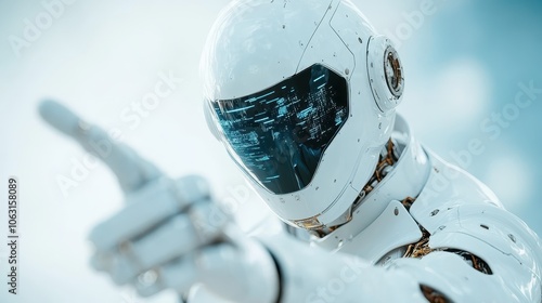 A white robot with a digital interface gazes outward, features highlighted by advanced data visualization that mirrors the complexity of AI technology today. photo