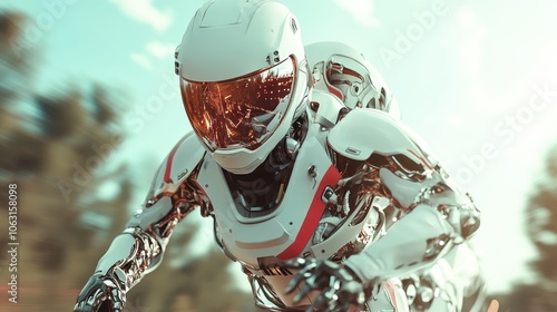 A dynamic scene of a white robot with aerodynamic lines speeds forward, blurring the forested background, epitomizing motion and futuristic speed in robotics. photo