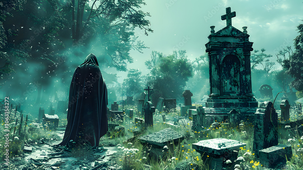 Grim reaper with haunted, creepy graveyard. Digital art Grim reaper with haunted, creepy graveyard. Digital art