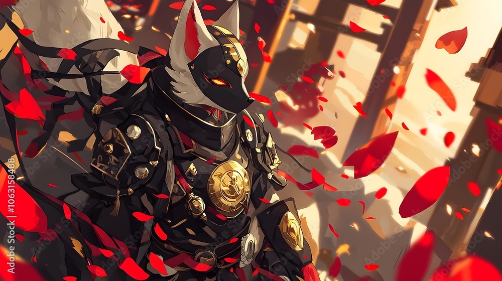 Obraz premium Fox-Masked Warrior in Shimmering Armor Amid Swirling Crimson Petals