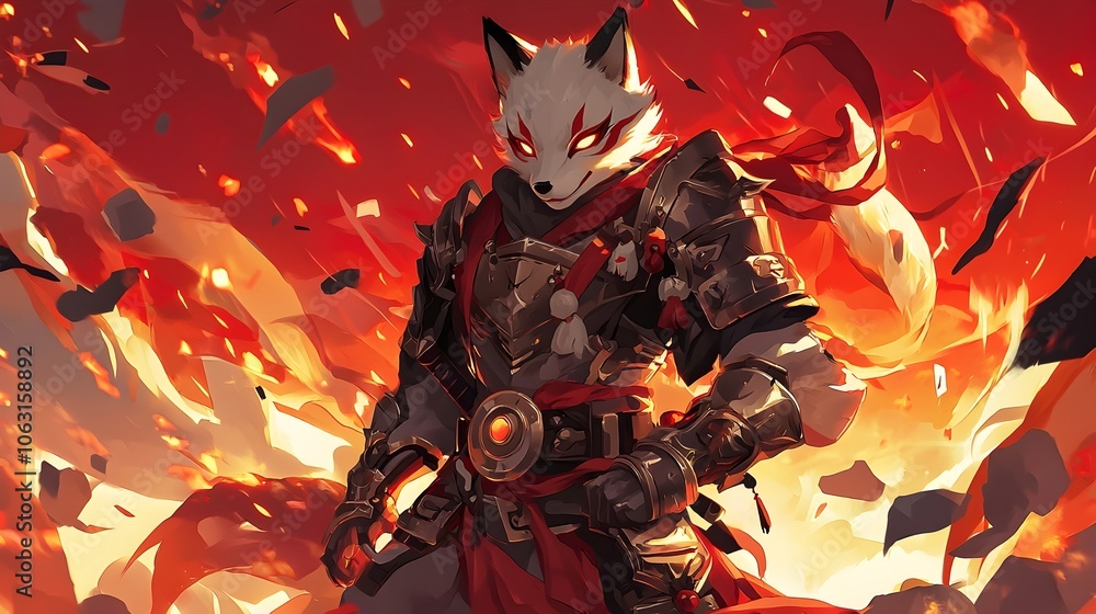 Powerful Oni Warrior in Metallic Armor Amid Fiery Backdrop Powerful Oni Warrior in Metallic Armor Amid Fiery Backdrop