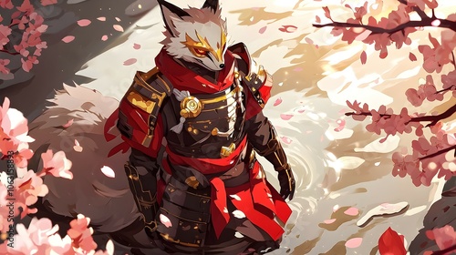 Majestic Fox-Masked Samurai Warrior Standing in Blossoming River Landscape