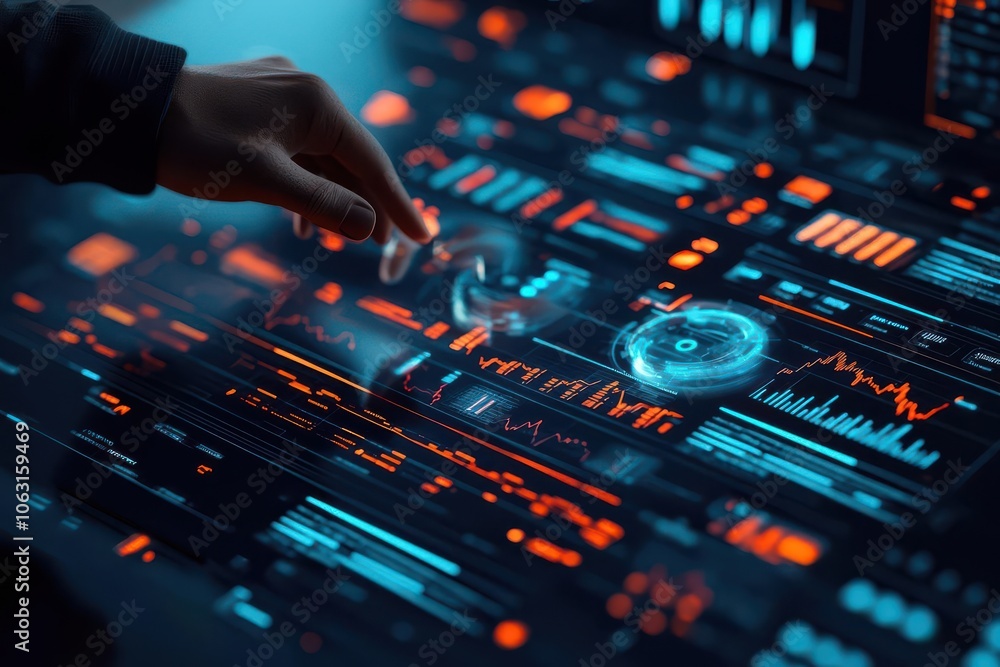 Business person analyzing market data, examining holographic charts, 3D illustration Business person analyzing market data, examining holographic charts, 3D illustration