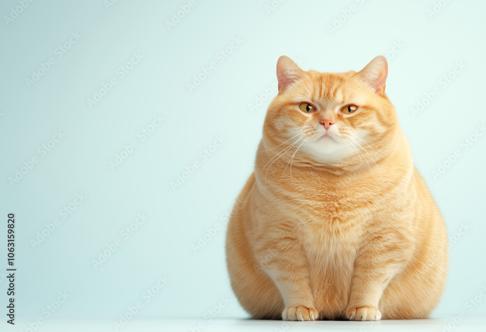 A fluffy orange cat sitting calmly against a soft blue background in a bright setting A fluffy orange cat sitting calmly against a soft blue background in a bright setting