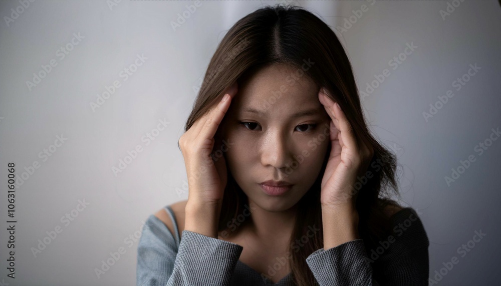 Person holding their head in discomfort, symbolizing illness, pain, and medical concern. Person holding their head in discomfort, symbolizing illness, pain, and medical concern.