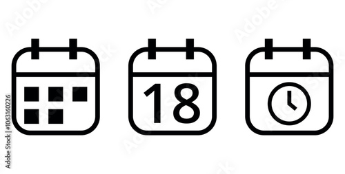 Simple outline calendar icons isolated on transparent background, calendar icon with specific day marked, day 18.