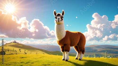 Charming cartoon llama standing in sunny pasture with rolling hills and fluff...