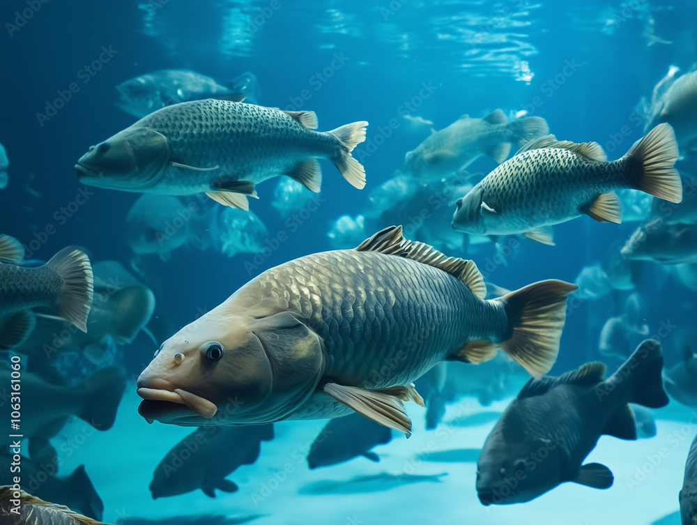 A school of large, silver-scaled fish swimming gracefully in the deep blue waters, each fish displaying intricate scale patterns and soft rippling fins. A school of large, silver-scaled fish swimming gracefully in the deep blue waters, each fish displaying intricate scale patterns and soft rippling fins.