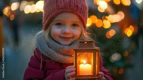 St. Martin Lantern Procession: Happy Toddler Girl with Selfmade Lanterns in Family Parade photo