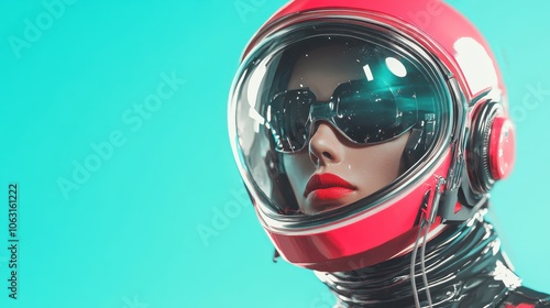 Space adventurer wearing a classic red helmet against a vivid cyan background, symbolizing innovation, readiness, and timeless exploration spirit. photo