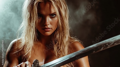 A blonde warrior brandishes a sword with a look of unwavering determination, set against a dramatic backdrop that highlights her strength and courage in adversity. photo