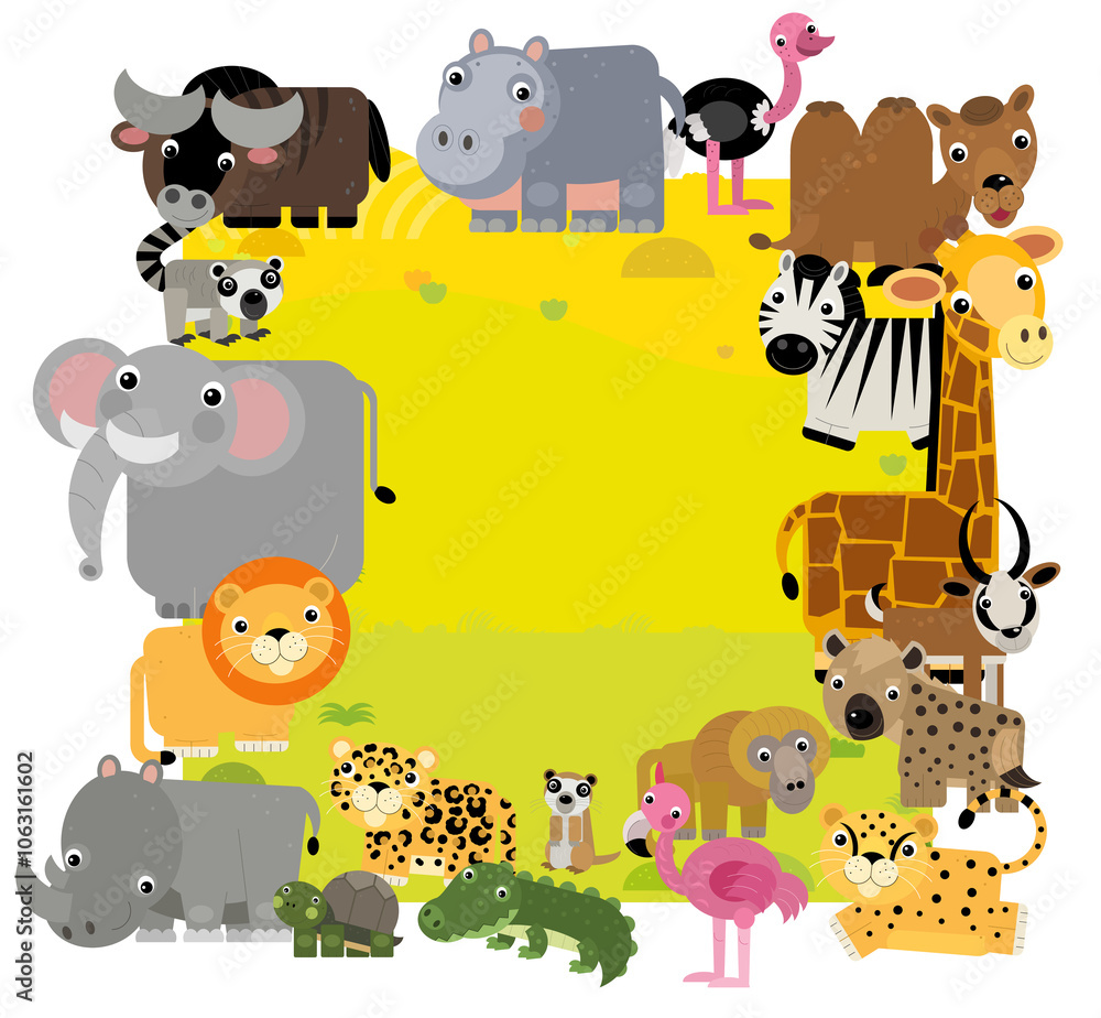 Obraz premium cartoon scene with frame border template with african animals and nature like elephant ape cat cheetah bird flamingo alligator crocodile hyena and other with space for text illustration for children