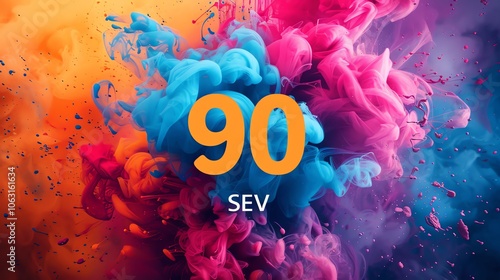 Abstract colorful background with the number 90 and the word SEV in orange. photo