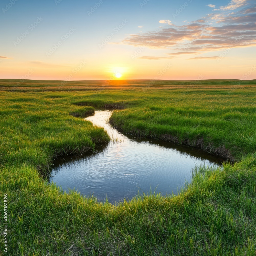 Tranquil sunset over a winding stream in a lush green landscape. Tranquil sunset over a winding stream in a lush green landscape.