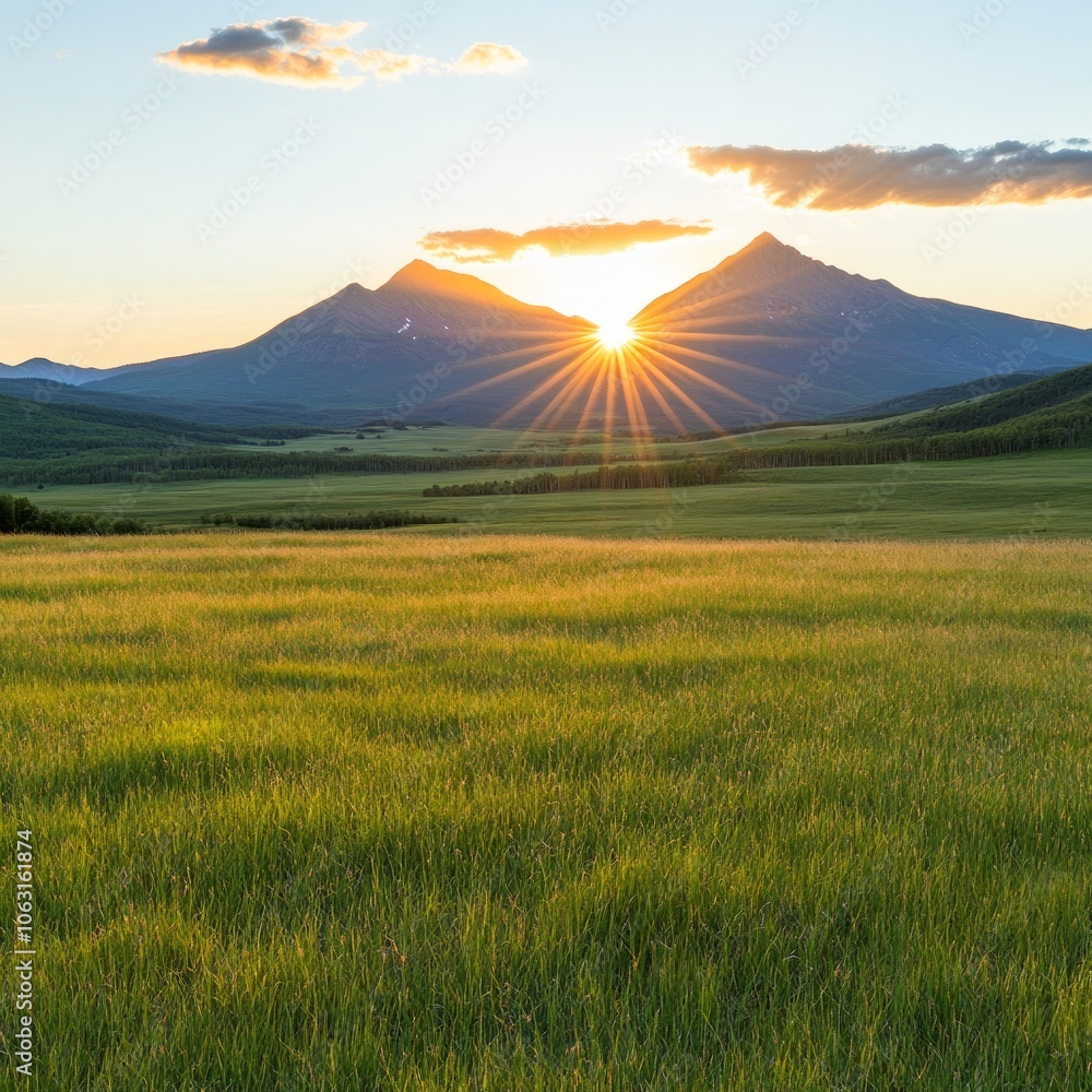 Fototapeta premium Scenic sunrise over mountains and fields in a tranquil landscape.
