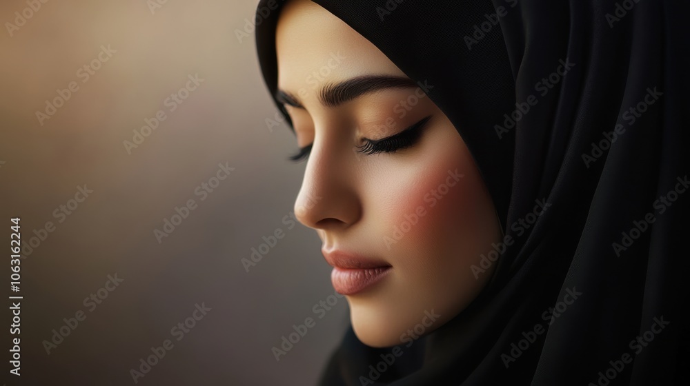 A serene Muslim woman in a hijab with a soft, monochromatic A serene Muslim woman in a hijab with a soft, monochromatic