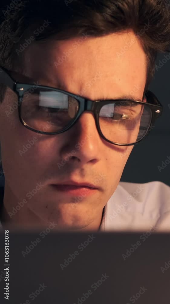 Close up portrait of a stern and focused Caucasian young adult male office worker working with laptop in the evening office. Vertical video. Close up portrait of a stern and focused Caucasian young adult male office worker working with laptop in the evening office. Vertical video.