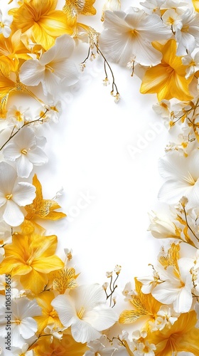 frame with indian yellow and white flowers in paster colors. vogue. aesthetic. white background,generative ai