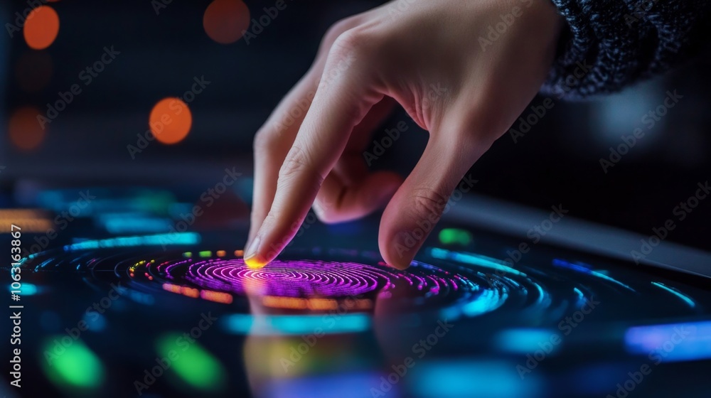 Fototapeta premium Exploring Futuristic Touchscreen Technology: Hand Interacting With Vibrant Digital Interface for Innovation and Modern Design