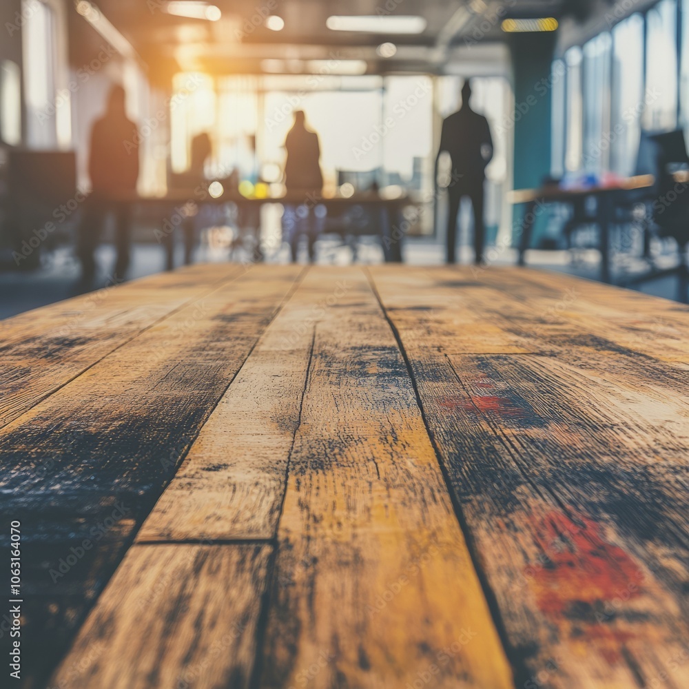 A wooden table in an office setting with people silhouetted in the background. A wooden table in an office setting with people silhouetted in the background.