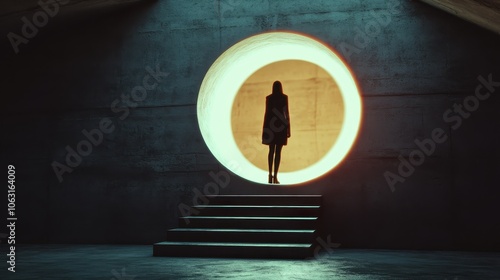 A figure stands before a glowing circular doorway, steps leading to an unknown destination, capturing human curiosity, mystery, and the allure of the forbidden. photo