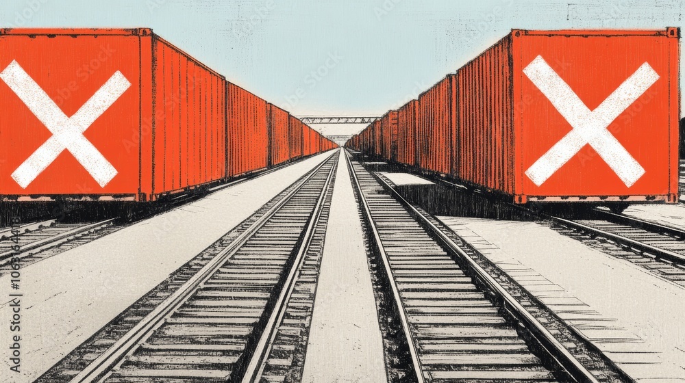 Obraz premium Two bright red train cars on a railway track, journey through transportation and vintage travel photography