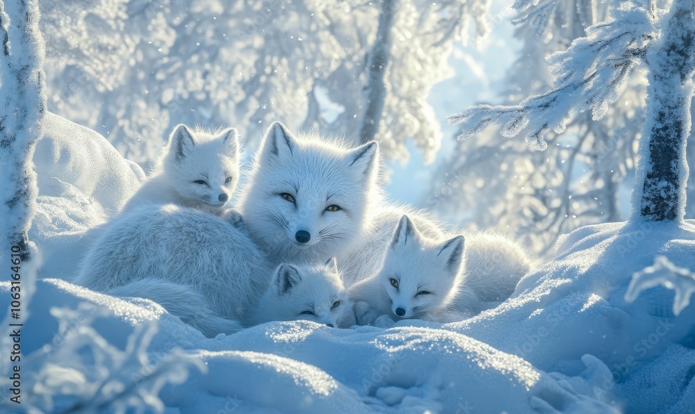 Arctic foxes cuddling in winter snow. Arctic foxes cuddling in winter snow.