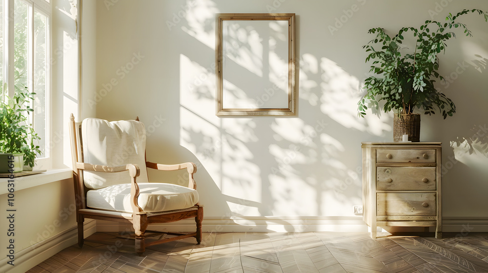 Light chill interior with chair and drawer, panoramic window and mockup frame Light chill interior with chair and drawer, panoramic window and mockup frame