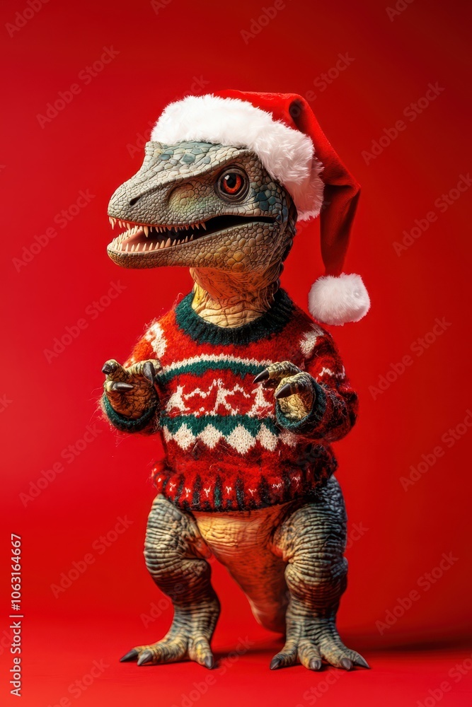 Christmas dinosaur in sweater and santa hat Christmas dinosaur in sweater and santa hat
