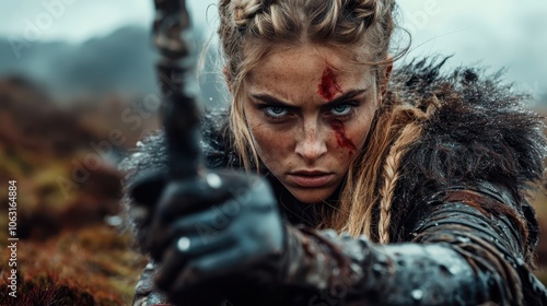 With unyielding focus, a warrior aims her weapon amidst the open fields, embodying the raw intensity and readiness of one prepared for impending conflict. photo