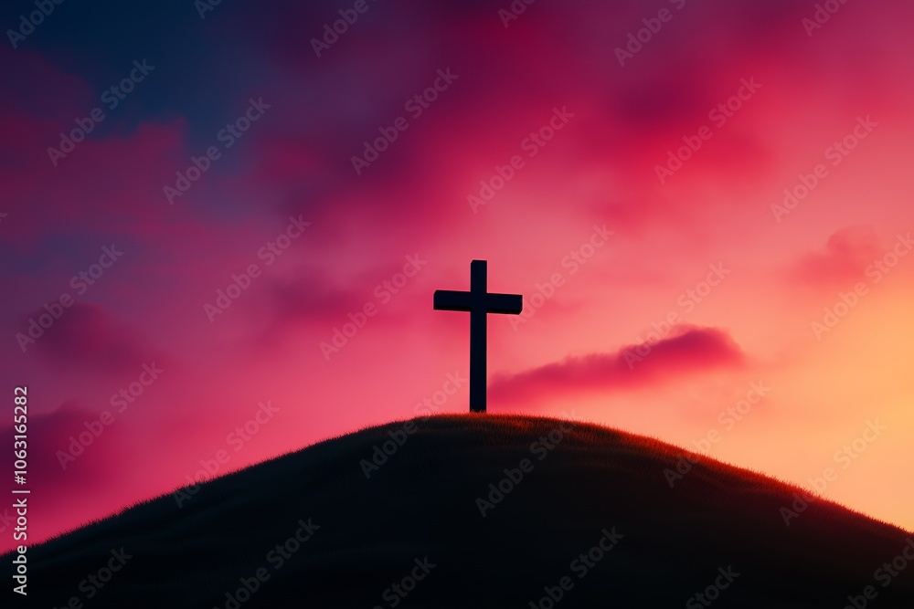 A wooden cross stands tall against a vibrant sunset sky. A wooden cross stands tall against a vibrant sunset sky.