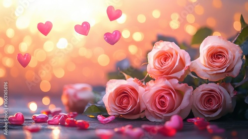 A stunning arrangement of roses with glowing hearts floating