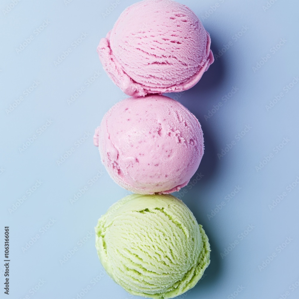Delicious Trio of Ice Cream Scoops in Pink and Green Pastel Colors on a Soft Blue Background Delicious Trio of Ice Cream Scoops in Pink and Green Pastel Colors on a Soft Blue Background