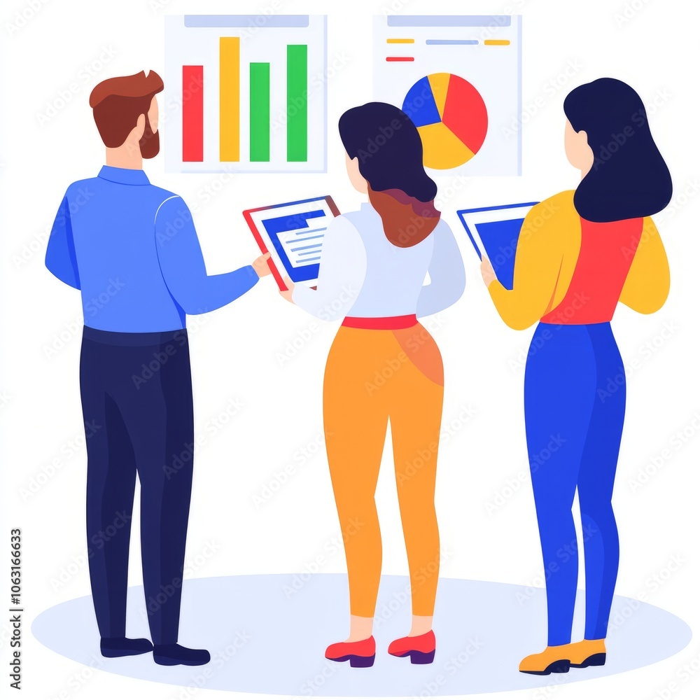 Obraz premium Three professionals analyzing data with charts and tablets.