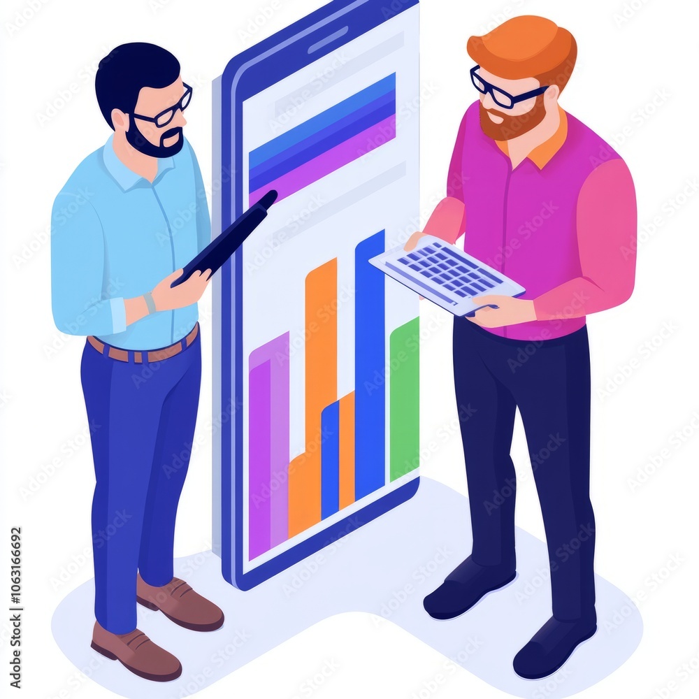 Two professionals analyzing data on devices beside a large smartphone graphic. Two professionals analyzing data on devices beside a large smartphone graphic.