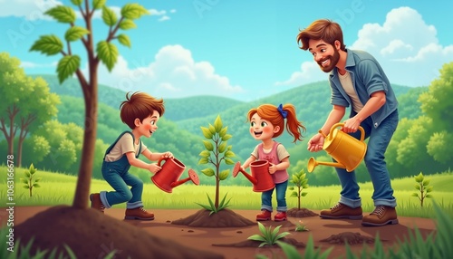 Father and children planting trees together, symbolizing family, environmental care, and teaching sustainability in a playful, outdoor setting.
