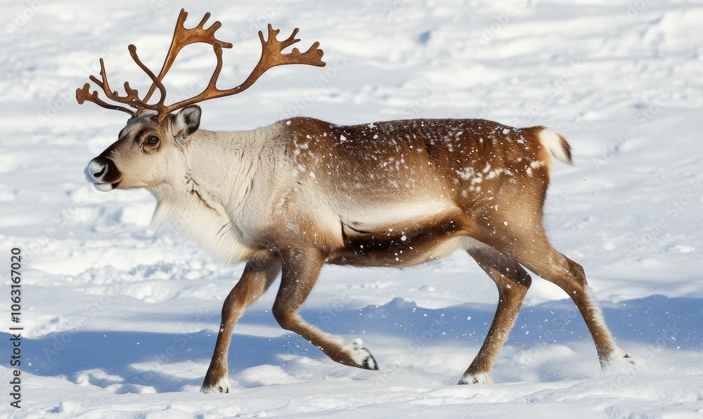 Reindeer running in snowy winter landscape. Reindeer running in snowy winter landscape.
