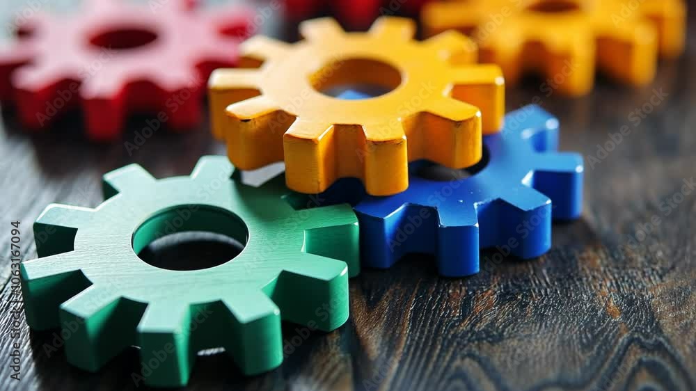 Colorful gears are stacked on a wooden surface Colorful gears are stacked on a wooden surface
