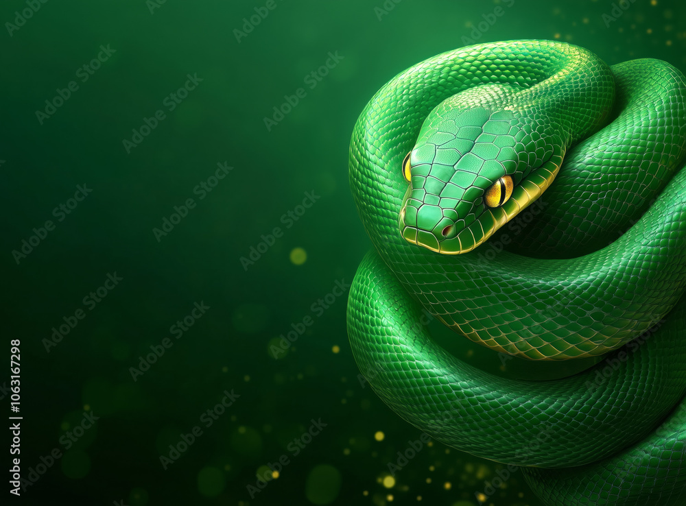 Fototapeta premium Close-up view of a vibrant green snake resting gracefully against a soft green background