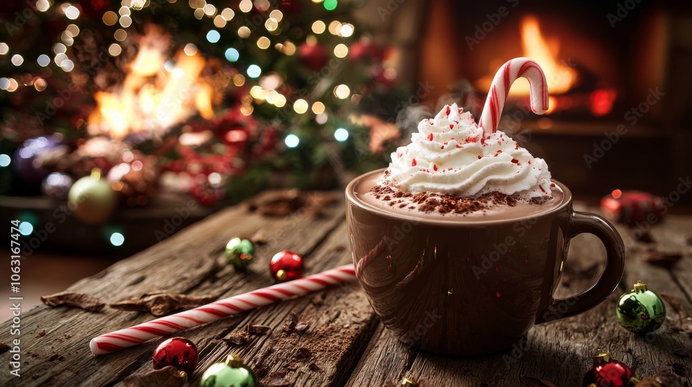 cup of hot chocolate with marshmallows floating on top, placed on a wooden table surrounded by Christmas decorations cup of hot chocolate with marshmallows floating on top, placed on a wooden table surrounded by Christmas decorations