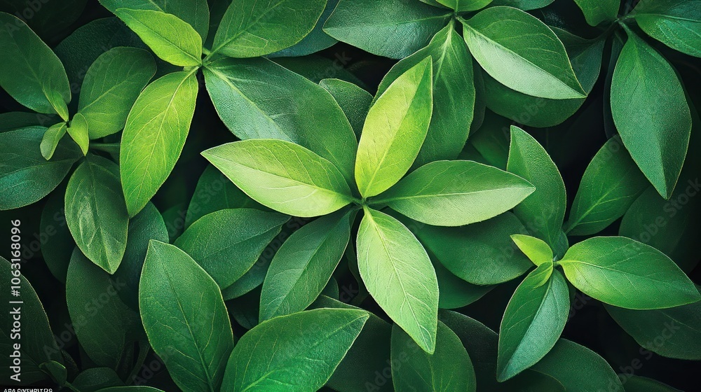 A balanced arrangement of overlapping green leaves, creating a calm and natural feeling A balanced arrangement of overlapping green leaves, creating a calm and natural feeling