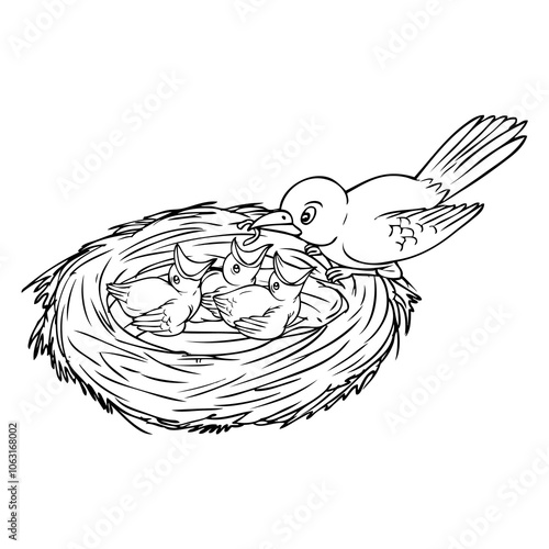 baby birds feeding line vector illustration