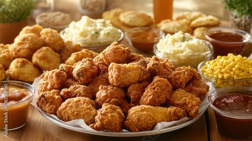 A Thanksgiving-style table with a grand platter of Popeyes photo