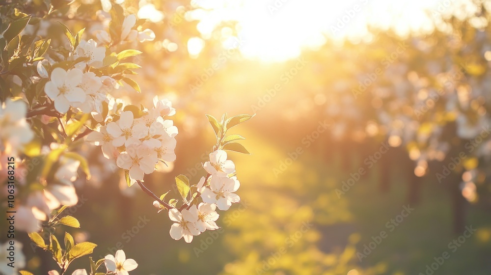 A blooming orchard in spring, with fruit trees covered in white and pink blossoms under soft sunlight A blooming orchard in spring, with fruit trees covered in white and pink blossoms under soft sunlight