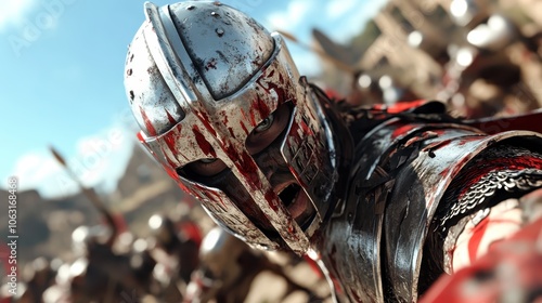 A fierce medieval warrior amidst battle, wearing bloodstained steel armor and helmet, exuding a ferocious presence during an intense combat scene. photo