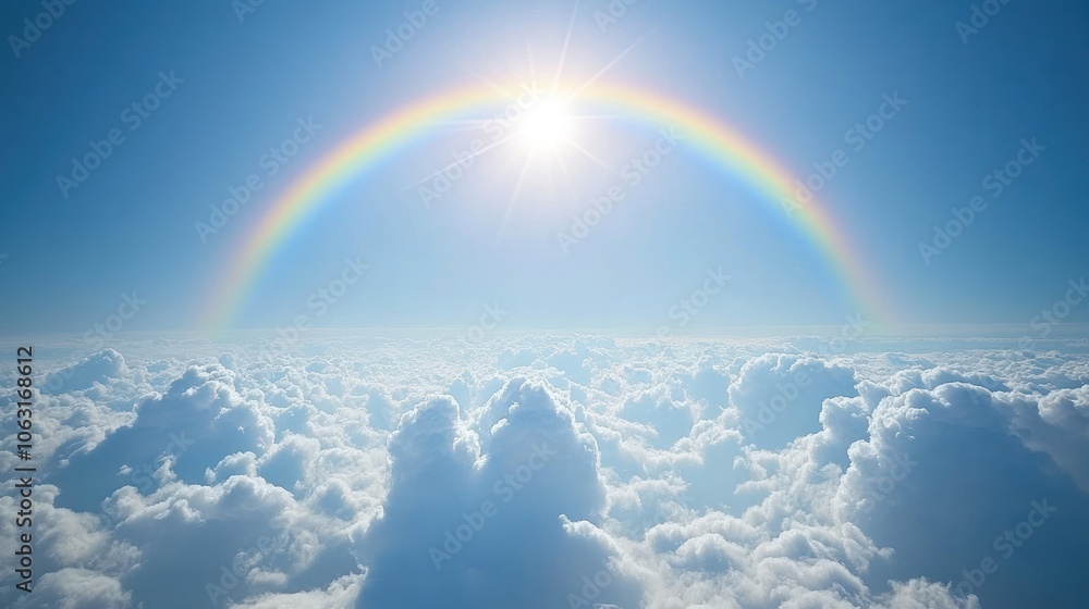 A bright rainbow over a clear sky with white clouds floating gently in a cool atmosphere. A bright rainbow over a clear sky with white clouds floating gently in a cool atmosphere.