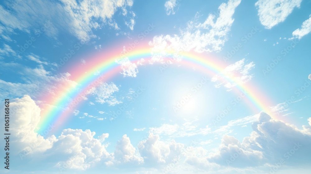 A bright rainbow over a clear sky with white clouds floating gently in a cool atmosphere. A bright rainbow over a clear sky with white clouds floating gently in a cool atmosphere.