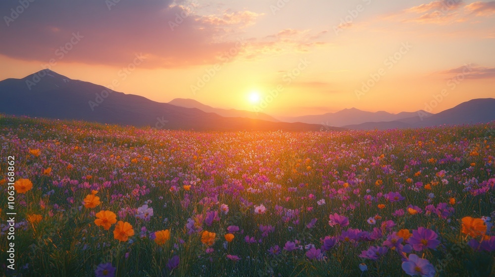 Obraz premium A cinematic field of wildflowers swaying in the spring breeze, with the distant silhouette of mountains under a wide, colorful sky