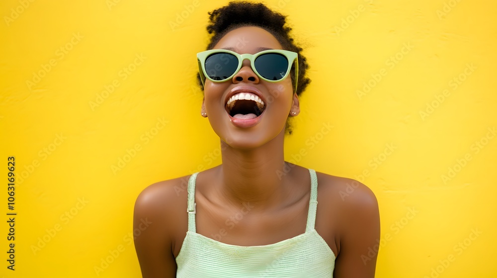 Portrait of a Woman in Sunglasses Against a Yellow Background Portrait of a Woman in Sunglasses Against a Yellow Background