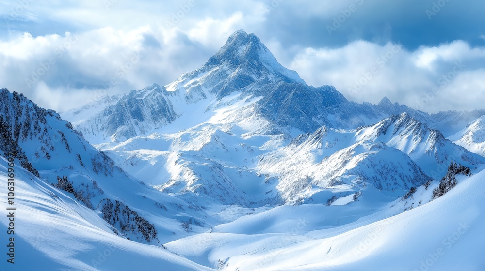 Obraz premium A snow-capped mountain peak with a cloudy sky in the background.